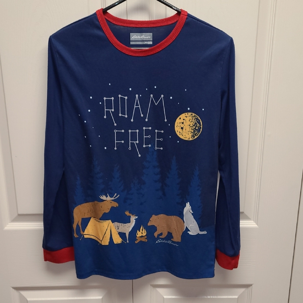 Eddie Bauer Navy 'Roam Free' Graphic Long Sleeve PJ Top Celestial Animals Cozy L